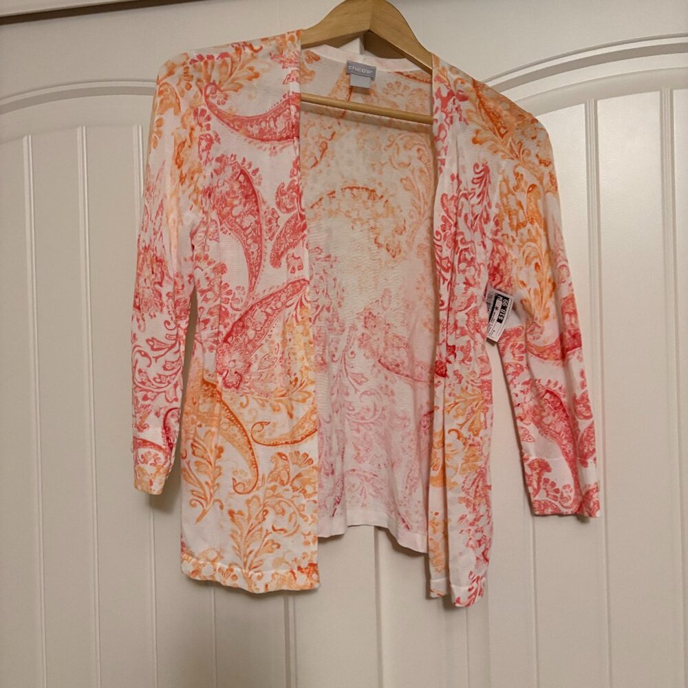 Chicos Open Front Cardigan Chicos Size 0 US Size Small White Paisley Orange Pink